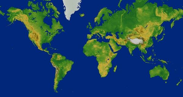 Peta dunia yang menunjukkan berbagai jenis relief