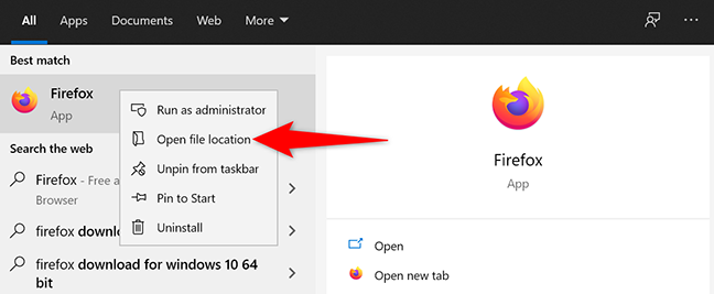 Klik kanan aplikasi di menu "Mulai" dan pilih "Buka Lokasi File."