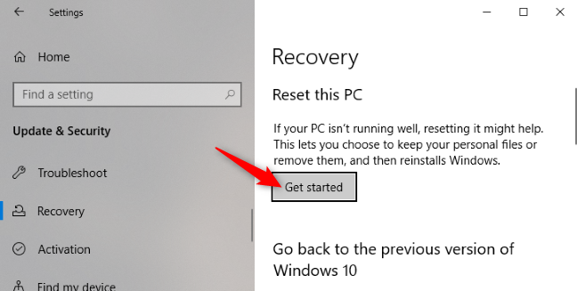 Tombol "Memulai" di bawah Setel ulang PC ini di aplikasi Pengaturan Windows 10.