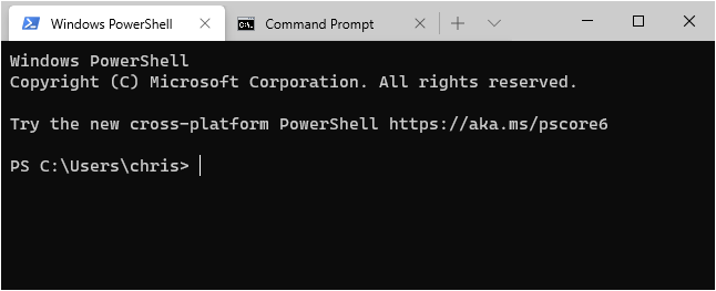 Tab PowerShell dan Command Prompt di Terminal Windows.