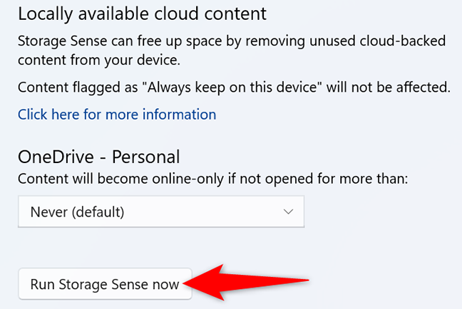 Klik "Jalankan Storage Sense Now" di halaman "Storage Sense".