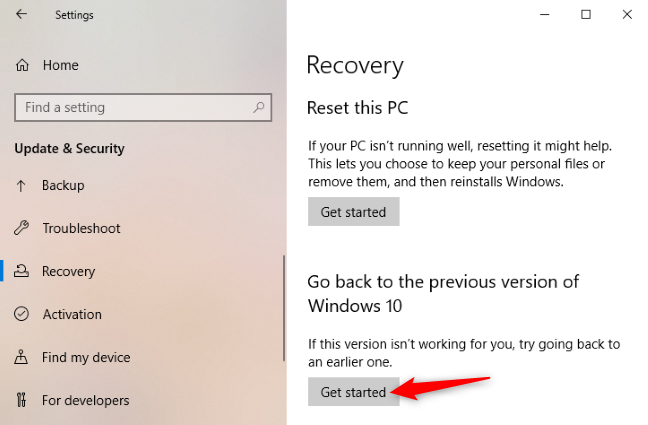 Klik "Mulai" untuk kembali ke versi lama Windows 10