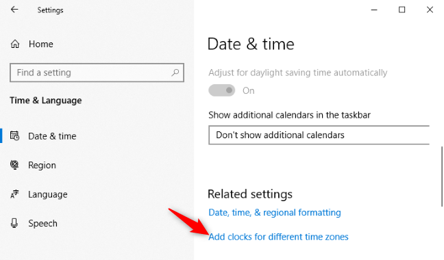 Menambahkan jam untuk zona waktu berbeda ke Windows 10.