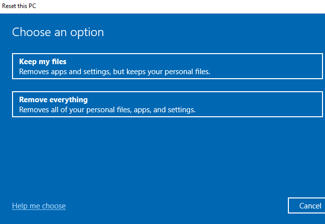 Memilih apakah akan menyimpan atau menghapus file saat mengatur ulang Windows 10.