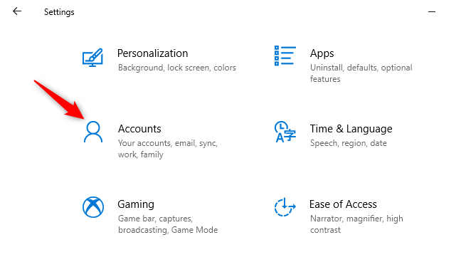 Membuka Akun di aplikasi Pengaturan Windows 10.