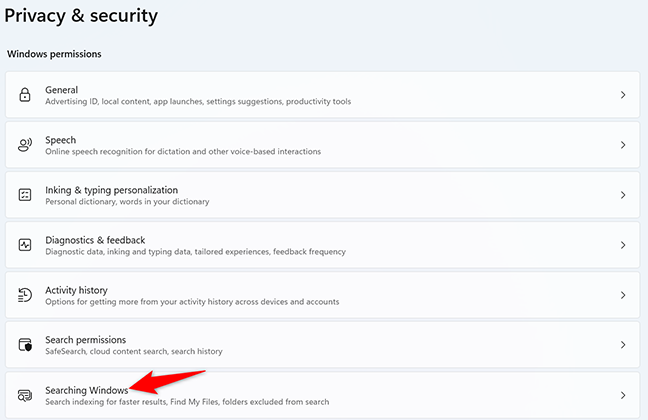 Klik "Mencari Windows" pada halaman "Privasi & Keamanan".