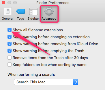 Buka menu Preferensi Pencari, pilih tab "Lanjutan", dan centang kotak "Tampilkan semua ekstensi nama file"