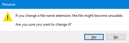 Pesan peringatan di Windows saat mengganti nama ekstensi file