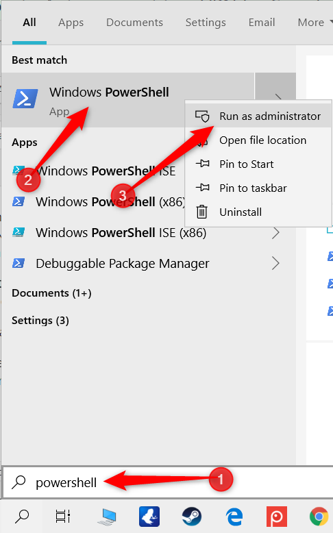 Ketik "PowerShell" di bilah pencarian, klik kanan "Windows PowerShell," lalu klik "Run as Administrator."