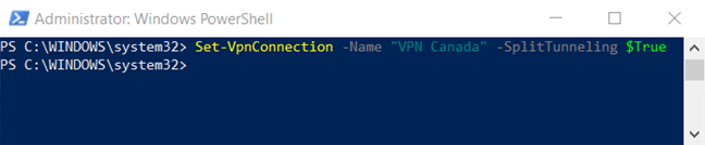 Perintah "Set-VpnConnection -Name "VPNConnection" -SplitTunneling $True" di jendela PowerShell. 