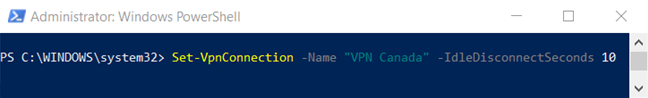 Perintah "Set-VpnConnection -Name "VPNConnection" -IdleDisconnectSeconds IdleSeconds" di jendela PowerShell. 