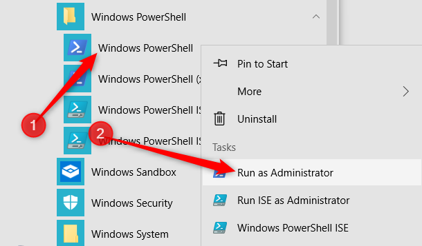 Klik kanan "Windows PowerShell," lalu klik "Run as Administrator."