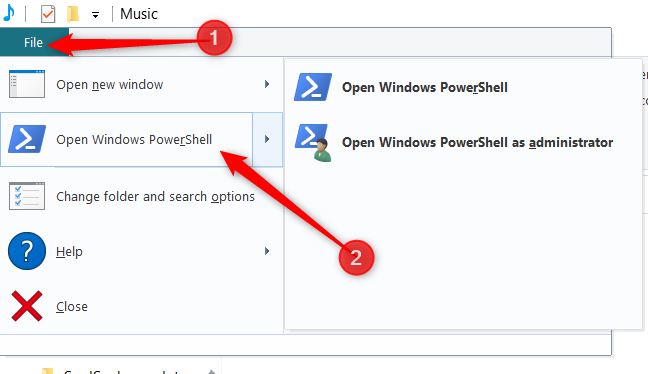 Klik "File," arahkan kursor ke "Buka Windows PowerShell," lalu klik opsi pilihan Anda. 