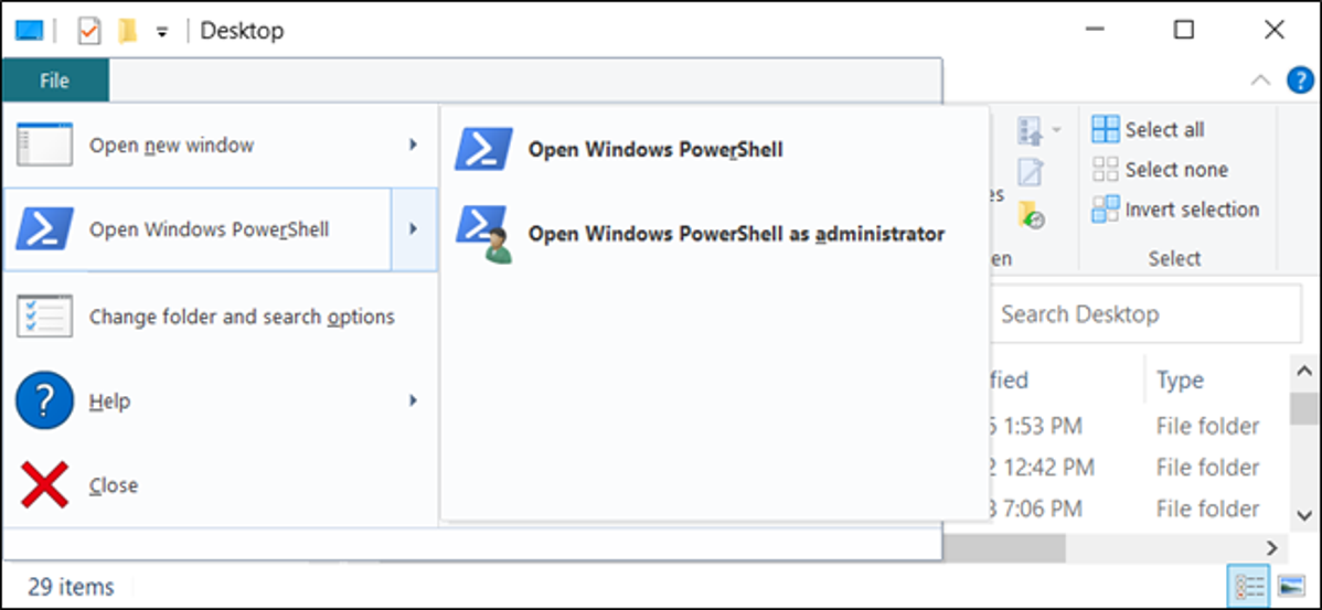 Opsi "Buka Windows PowerShell" di File Explorer.
