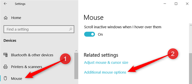 Klik "Mouse," lalu klik "Opsi mouse tambahan" untuk membuka Properti Mouse.
