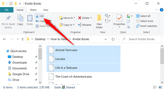 Pilih file dan klik "Cut" dari tab Home.