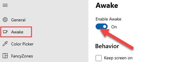 Pilih "Awake" dari menu sidebar dan buat "Enable Awake" diaktifkan.