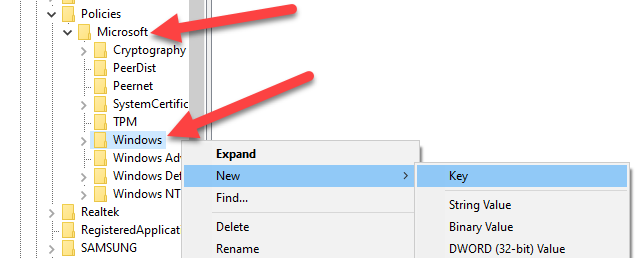 Klik kanan folder "Windows".  Pilih "Baru" dan "Kunci" dari menu.