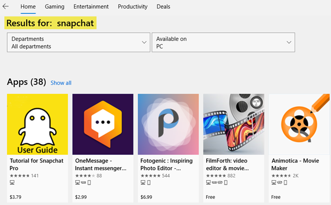 Snapchat di Microsoft Store