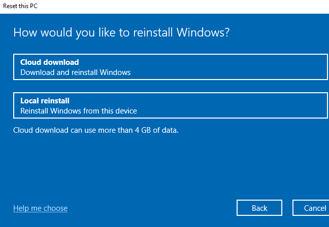 Memilih apakah akan menggunakan fitur "Unduhan awan" atau "Instal ulang lokal" Windows 10.