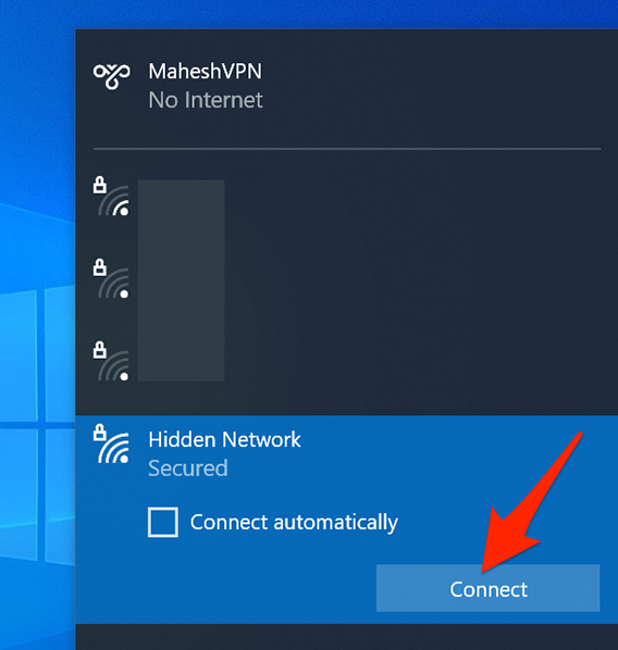 Klik "Hubungkan" di bagian "Jaringan Tersembunyi" di Windows 10.