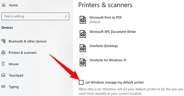 Matikan "Let Windows Manage My Default Printer" pada halaman "Printers & Scanners".