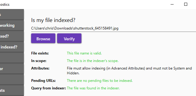 Menguji apakah file sedang diindeks dan mengapa di Diagnostik Pengindeks Microsoft.