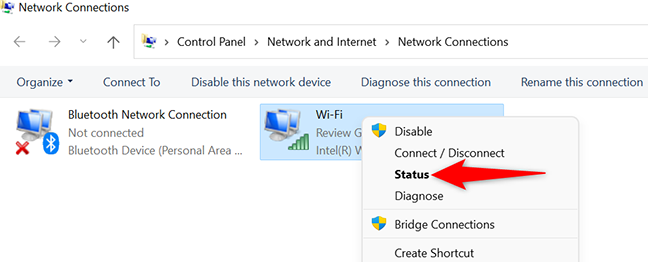 Klik kanan adaptor Wi-Fi dan pilih "Status."
