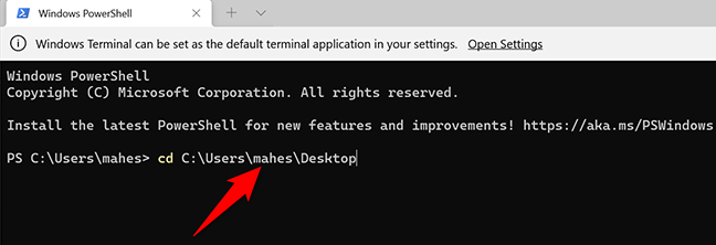 Ubah direktori kerja saat ini ke desktop di Terminal Windows.