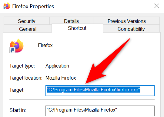 Salin nilai bidang "Target" dari jendela "Properti" di File Explorer.