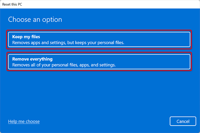 Pilih opsi pada jendela "Reset PC ini" di Windows 11.