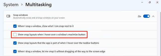 Nonaktifkan opsi "Tampilkan tata letak jepret saat saya mengarahkan kursor ke tombol maksimalkan jendela" di Pengaturan pada Windows 11.