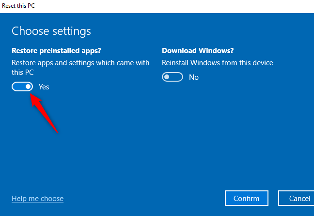 "Pulihkan aplikasi yang sudah diinstal sebelumnya?"  opsi untuk melakukan Mulai Baru di Windows 10.