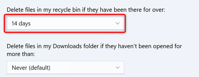 Pilih opsi dari menu tarik-turun "Hapus File di Recycle Bin Saya jika Sudah Ada Selamanya" di Pengaturan.