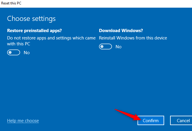 "Konfirmasi" tombol untuk reset Windows 10 PC.