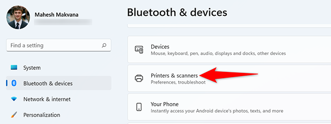 Klik "Printer & Pemindai" pada halaman "Bluetooth & Perangkat" di Pengaturan.
