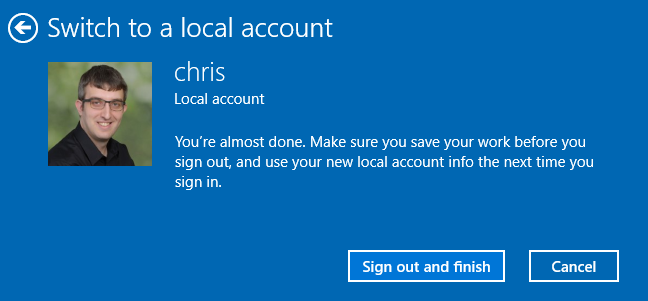 Keluar untuk mengonversi akun Microsoft menjadi akun lokal di Windows 10.