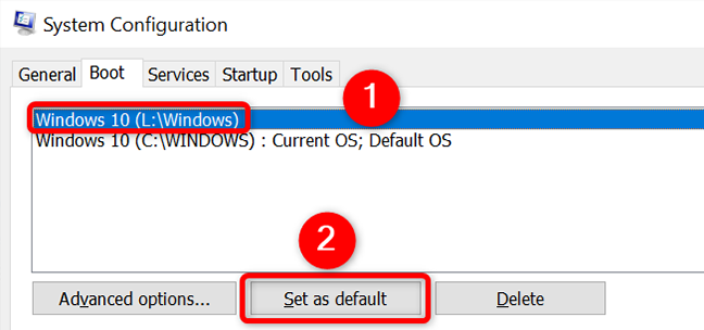 Pilih OS dan klik "Set as Default" di tab "Boot" di jendela "System Configuration".
