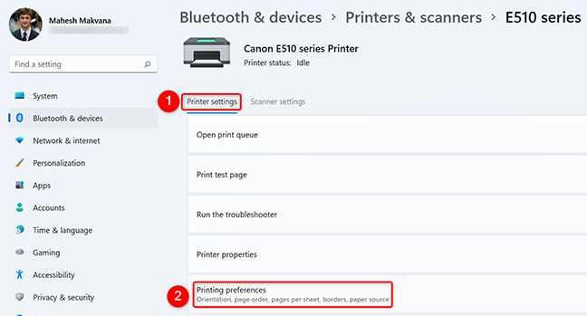 Klik "Pengaturan Printer" dan kemudian klik "Preferensi Pencetakan" di Pengaturan.