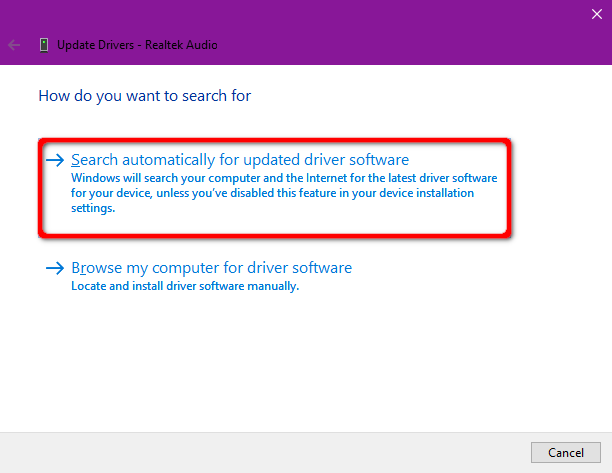 Pencarian Otomatis Windows 10 untuk Driver