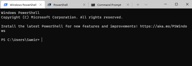 CMD, PowerShell, dan Windows PowerShell terbuka di antarmuka tab menggunakan Terminal Windows. 