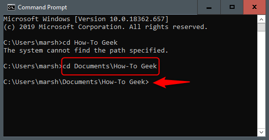Perintah "cd DocumentsHow-To Geek" di Command Prompt.