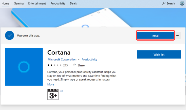 Klik tombol "Instal" untuk menginstal aplikasi Cortana di komputer Anda.
