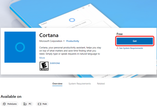 Klik tombol "Dapatkan" untuk menambahkan aplikasi Cortana ke perpustakaan Anda.