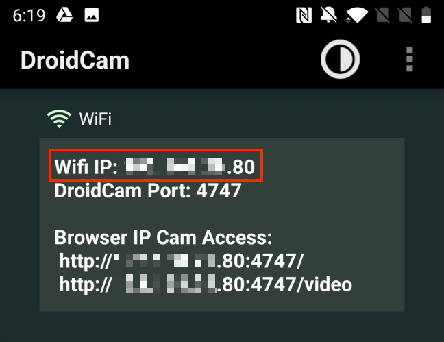 Salin IP Wi-Fi dari aplikasi Android DroidCam