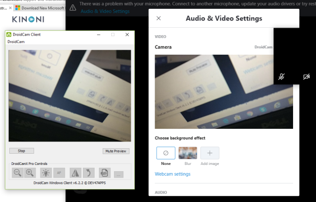 Klien DroidCam menampilkan pratinjau kamera ponsel Android.
