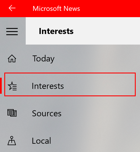 Untuk menambah atau menghapus minat di aplikasi Microsoft News, klik tab Minat