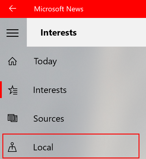 Untuk menambahkan berita lokal ke Microsoft News, klik tab Lokal di menu sebelah kiri