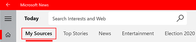 Untuk mengakses sumber berita favorit Anda di aplikasi Microsoft News, klik tab Sumber Saya