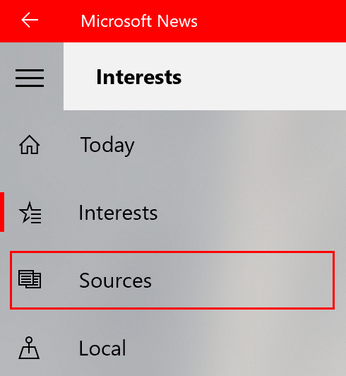 Untuk menambahkan sumber berita ke Microsoft News, klik tab Sumber di menu sebelah kiri